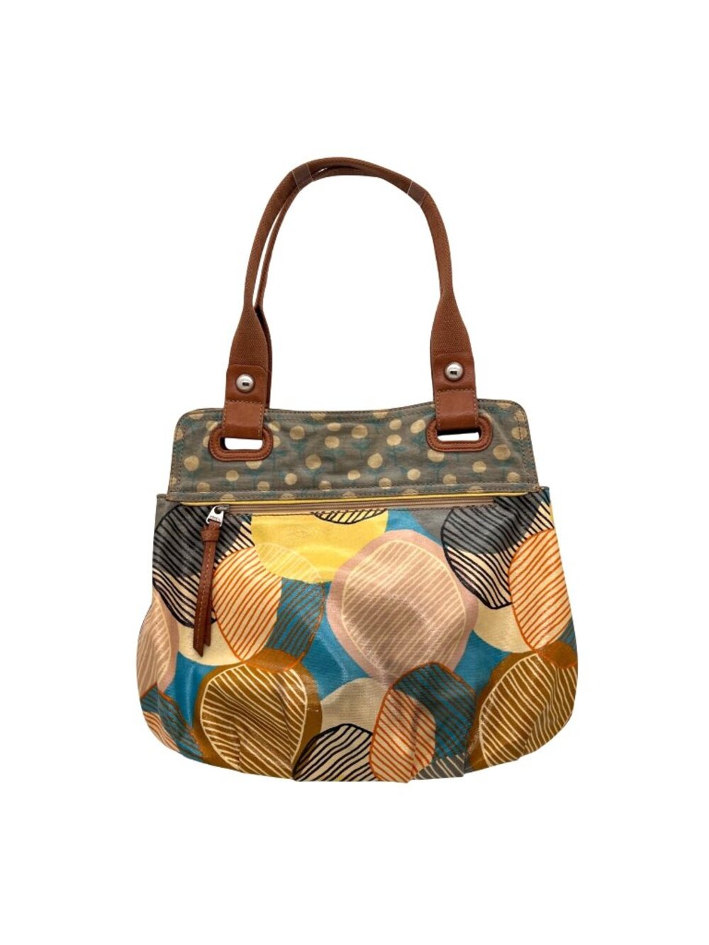 Fossil Key-Per Multicolor Coated Canvas Tote Purse Leather Handles Zipper Pocket